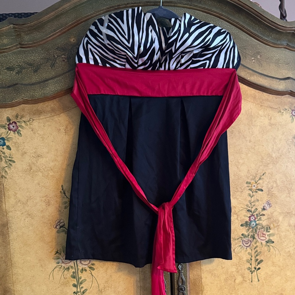 Zebra Print Strapless Dress with Red Sash